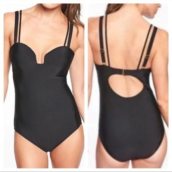 Athleta Swimsuit Size L Aqualuxe Square Plunge One Piece Black - Picture 1 of 9